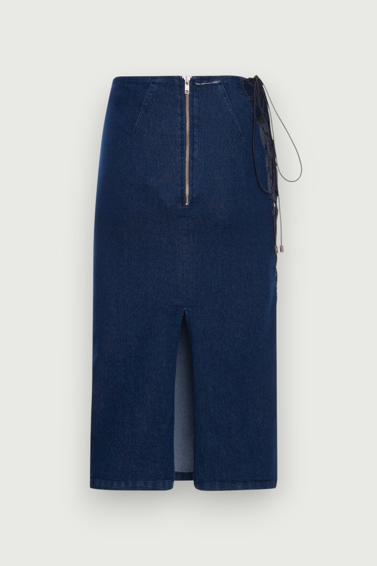 Saia Jeans Midi Amarrações Azul Karoline Vitto, vista traseira