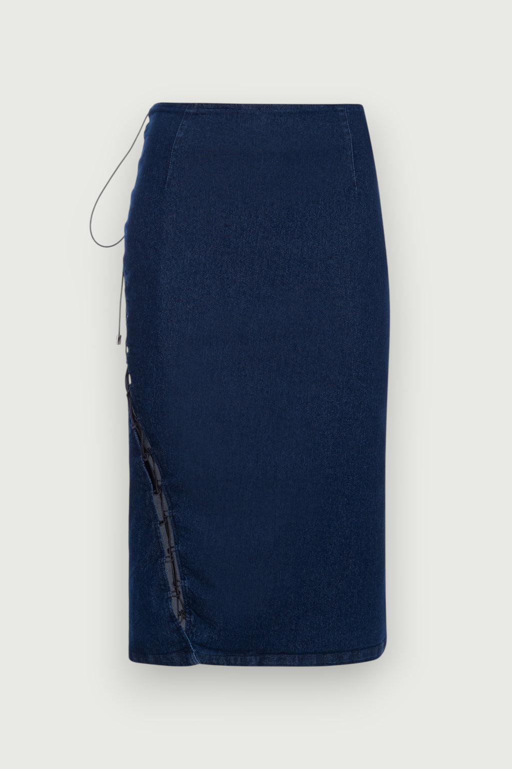 Saia Jeans Midi Amarrações Azul Karoline Vitto, vista frontal
