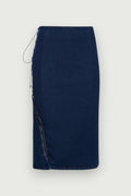 Saia Jeans Midi Amarrações Azul Karoline Vitto, vista frontal