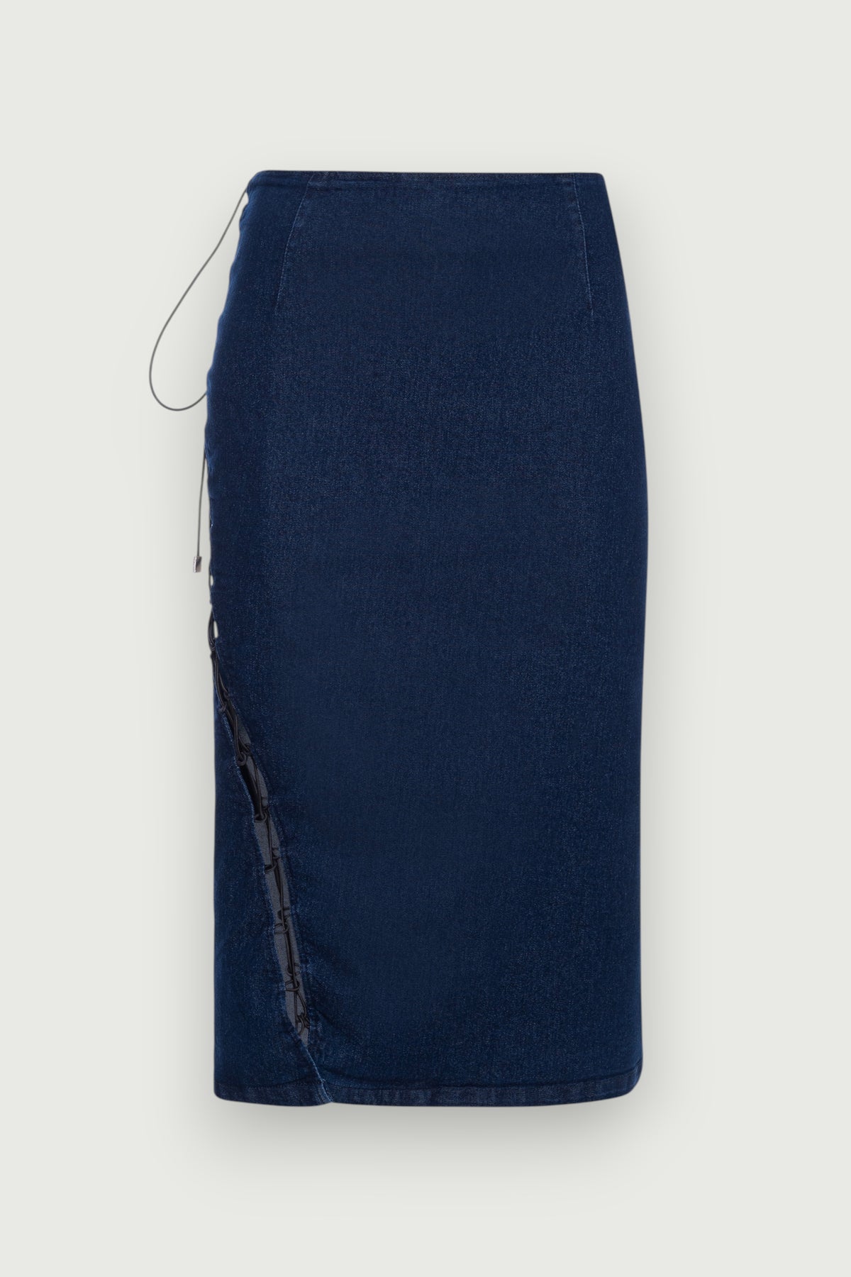 Saia Jeans Midi Amarrações Azul Karoline Vitto, vista frontal