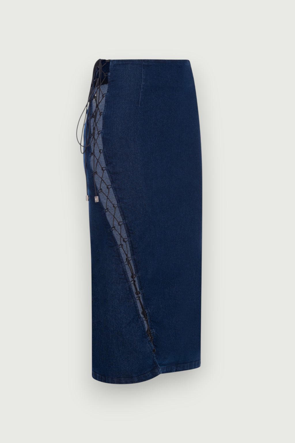 Saia Jeans Midi Amarrações Azul Karoline Vitto, vista lateral