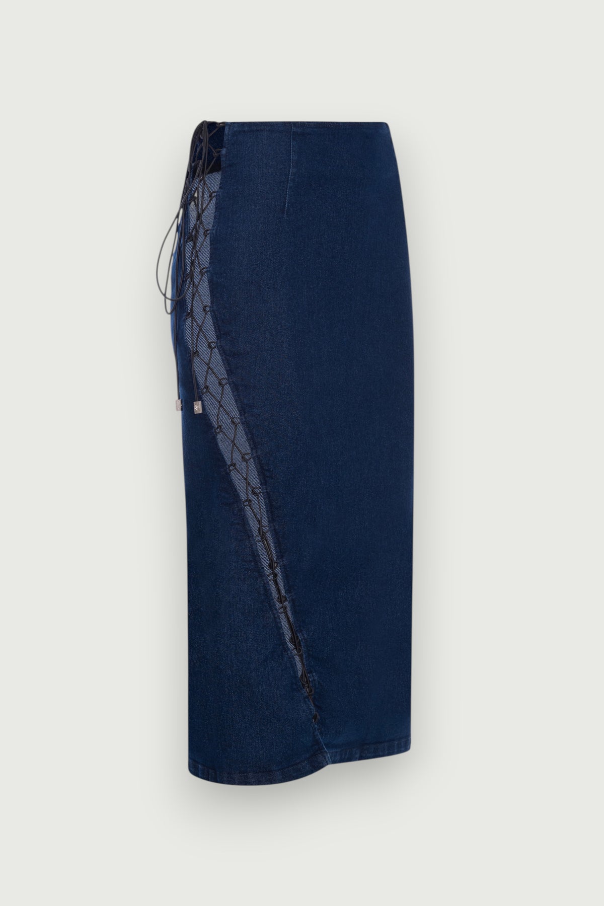 Saia Jeans Midi Amarrações Azul Karoline Vitto, vista lateral
