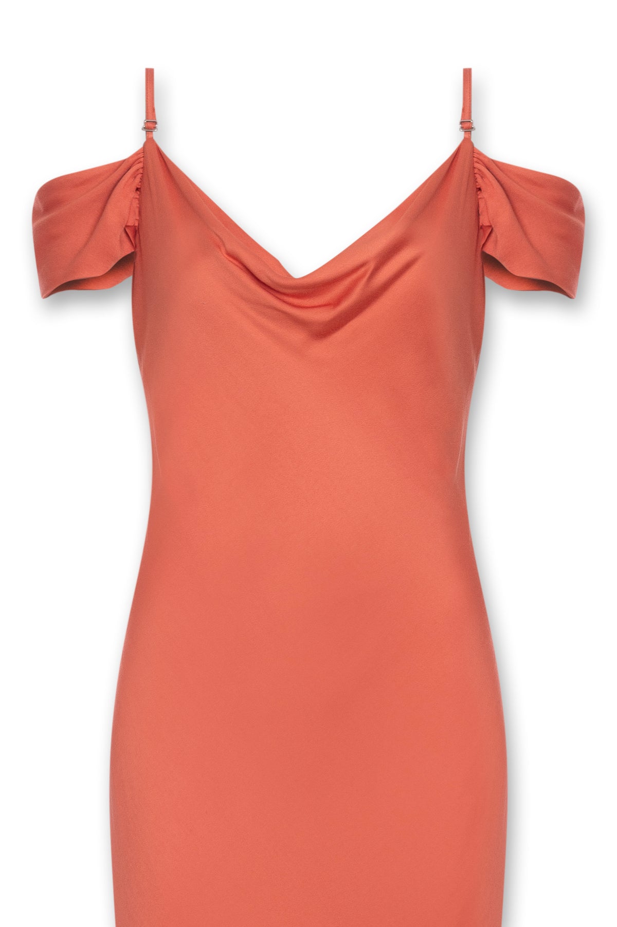 Detalhe do decote e das manguinhas do Vestido Enviesado Manguinhas Laranja Karoline Vitto